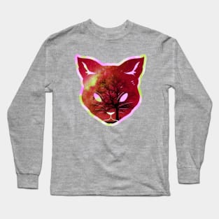 Red starry sky tree silhouette prismatic iridescent cat Long Sleeve T-Shirt